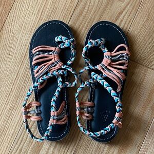 Braided Rope Sandals in Navy and Coral